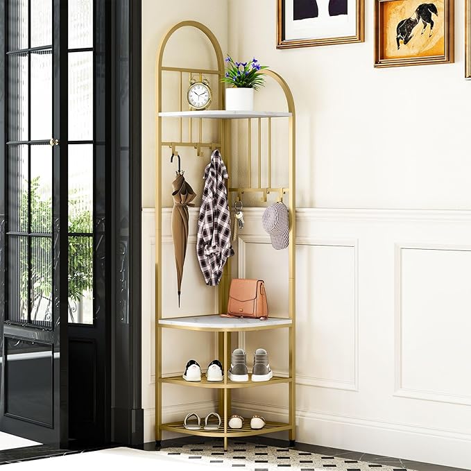 Tangkula Corner Hall Tree, 71 Inch Tall Entryway Coat Rack with Shoe Bench & 4 Storage Shelves, 6 Movable Hooks, Freestanding Metal Corner Clothes Rack for Bedroom Hallway Living Room