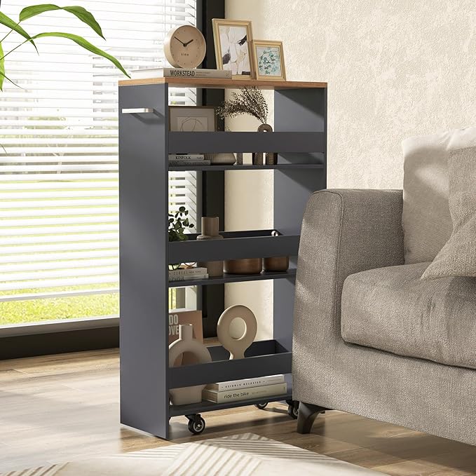 LOKO 4-Tier Rolling Storage Cart, 8 Inches Slim Kitchen Cart on Wheels with Open Shelves & Handle, Laundry Room Cart Between Washer and Dryer, for Narrow Space Bathroom Next to Fridge (Grey & Natural)