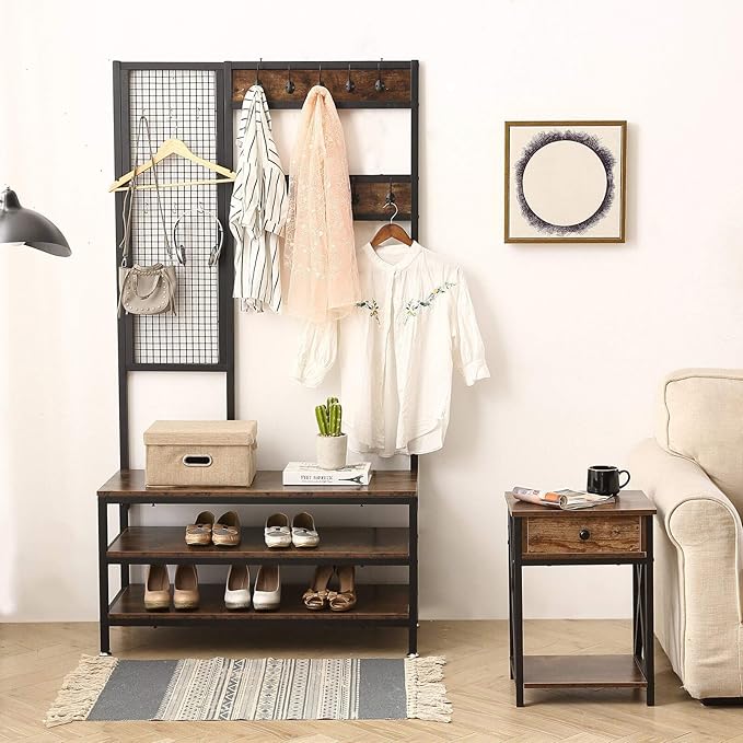 AJP Distributors Industrial Coat Stand Shoe Rack Bench + Grid Wall 3-in-1 Entryway Hall Tree 3-Tier Storage Shelves with 12 Hooks Hallway Hanger Organizer Metal Frame & Wood Look Accent Furniture