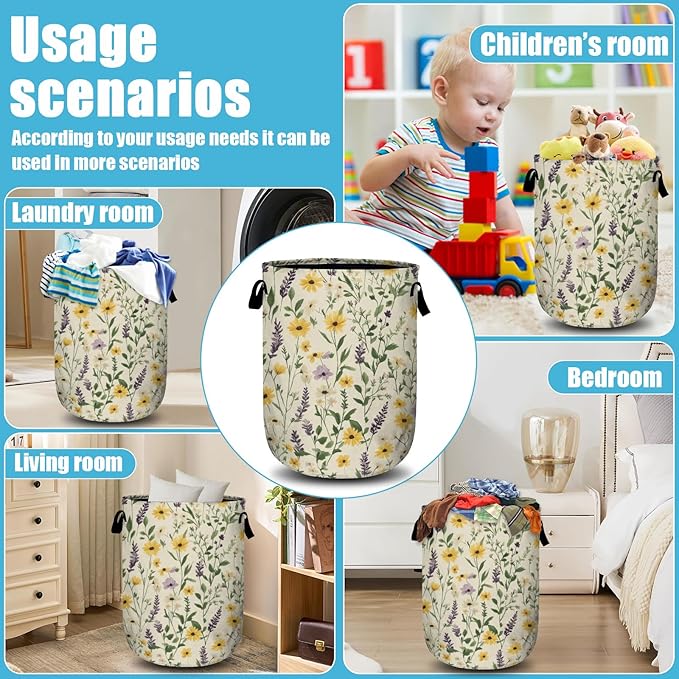 Daisy Lavender and Buttercups Laundry Basket, Laundry Hamper Collapsible Oxford Cloth with Handle Clothes Toy Storage Bin for Bathroom Laundry Room Bedroom 15.7 X 20 Inch