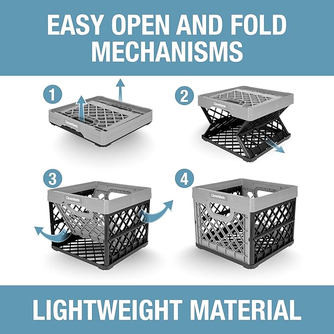CleverMade Collapsible Milk Crate 25L (6.6 Gal) 3 Pack, 50 lb Heavy Duty Folding Crate – Stackable Storage Crates with File Rails, Plastic Collapsible Crates for Storage - Stone