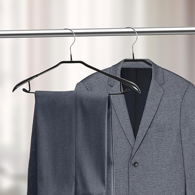 5 Pack Wide Shoulder Hangers Metal Suit Hangers Smooth Soft Gloss Grippy Flexible Thick Rubber Blazer Non Slip Jacket Clothes Hangers Black