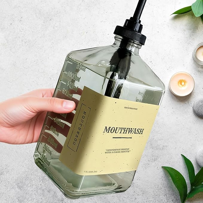 eBun 37oz Glass Mouthwash Dispenser for Bathroom, Mouthwash Dispenser Pump, Mouth Wash Container with Reusable Cup, Mouth Wash Bottle, Countertop Kitchen Sink Dish Liquid Soap Holder Set (Black)