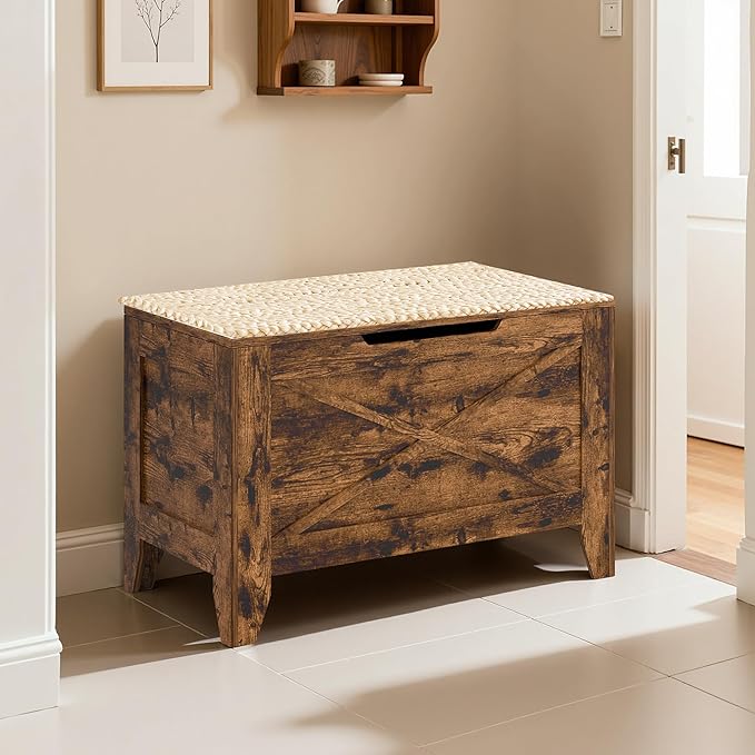 VECELO 30" Storage Bench, Shoe Bench with Handwoven Wicker Cushion, Ottoman Storage Trunk with Safety Hinges, Ideal for Entryway, Bedroom, Living Room, Brown