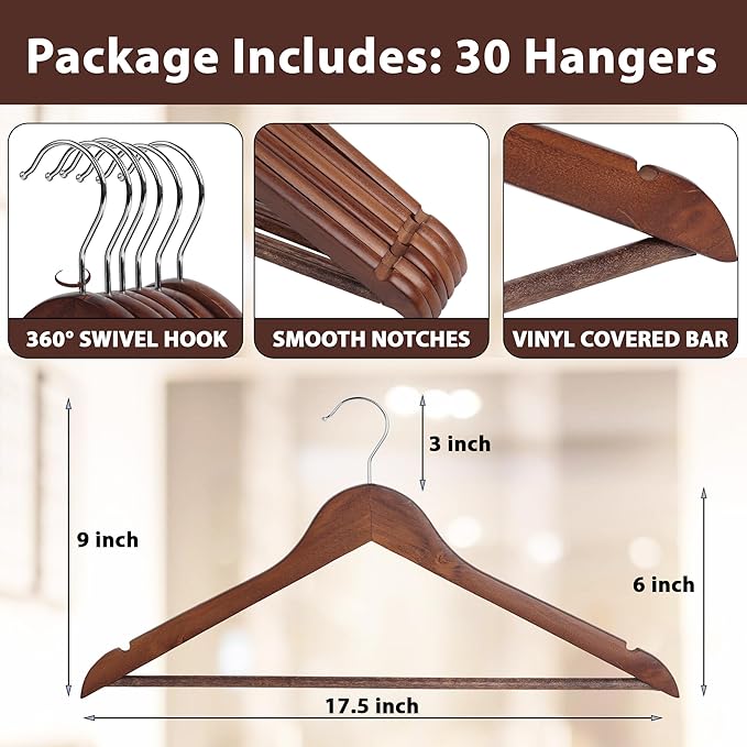 Wooden Hangers Premium Natural Wood Hanger Well Polished Ergonomic Design & Sharply Cut Notches with Swivel Hook (Brown, Pack of 30)