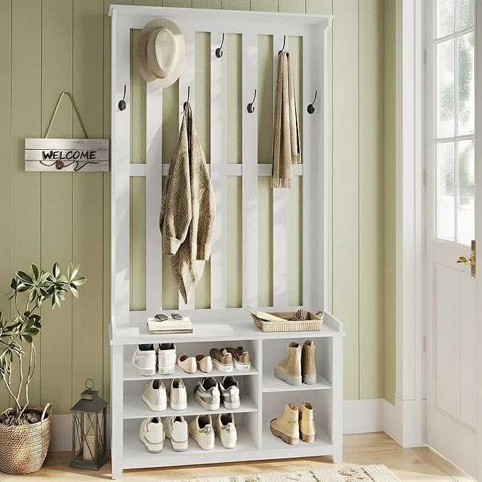 VASAGLE Hall Tree with Bench and Shoe Storage, Coat Rack with Shoe Bench, 7 Double Hooks for Jackets, Hats, Entryway, Bedroom, Living Room, 13.8 x 31.9 x 70.9 Inches, Matte White UHSR414WB01S