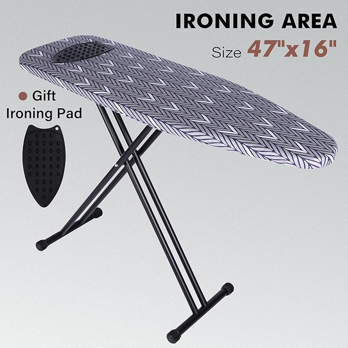 Ironing Board Full Size, Metal Construction Iron Board with Extra Thick Heavy Duty Padded Cover, Stable Structure, Anti-Skid Feet (47x16)