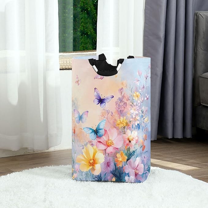 xigua Colorful Flowers and Butterflies Large Laundry Hamper with Handle, Foldable Clothes Hamper Collapsible Storage Basket for Toys and Clothes Organization in Bedroom, Bathroom, and Laundry Room