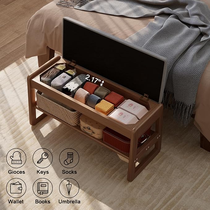 AQIMUELE Shoe Rack Bench,2 Tiers Shoe Bench with Storage with Flip-Top,Wood Shoe Rack for Entryway,Hallway（Walnut Upholstered Seat）