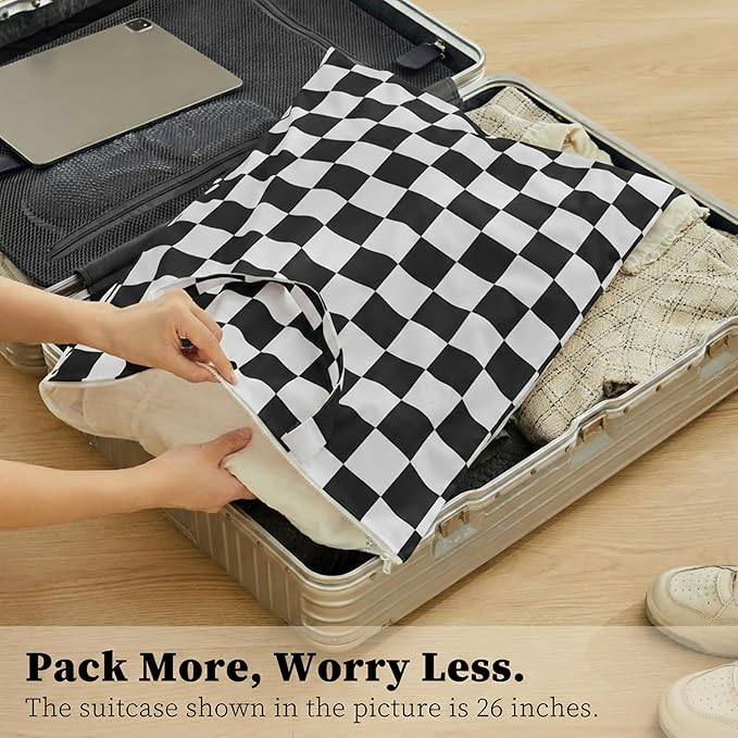 Checkered 2 Pcs Large Travel Laundry Bags for Dirty Clothes, Aesthetic Trendy Waterproof Washable Laundry Bag with Handle for Travel, Gym, Swimming Pool Black and White