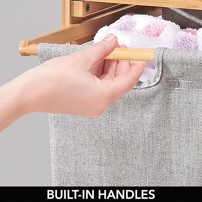 mDesign Freestanding Bamboo 2 Section Double Laundry Organizer Hamper with Removable Storage Sorter Bags, Space-Saving Basket Duo with Handles for Clothes/Linens - Echo Collection - Natural/Tan