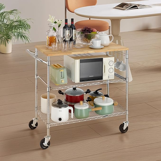 Finnhomy 3-Tier Rolling Kitchen Cart with 18" D x 36" W Oak Wood Tabletop, Kitchen Island Cart with 4" Wheels and Slider Shelf, Microwave Cart & Coffee Cart with Hooks for Dining Room, Chrome