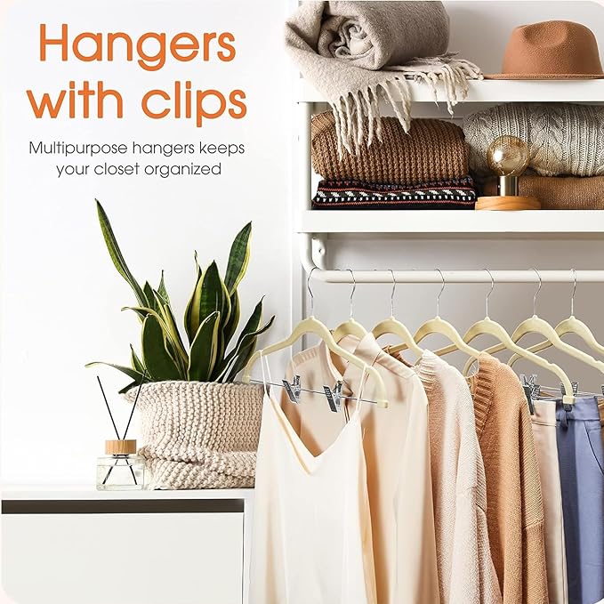 VECELO 20 Pack Velvet Clothes Hangers with Adjustable Clips,Heavy-Duty Non Slip & Space-Saving with 1 Magic Hangers & 2 Tie Rack for Suit Coat Pants Skirt Dresses