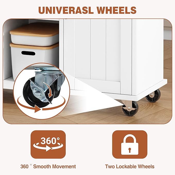 JY QAQA 42" Kitchen Island with Storage on Wheels, Rolling Table with Drop Leaf, Drawers, Cart Handle for Towel Rack or Free Movement, White