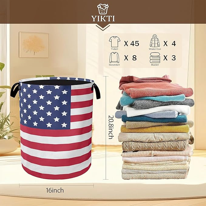 Collapsible Laundry Basket,American Flag Dirty Clothes Hamper,Memory Day Hampers for Bedroom Waterproof Oxford Cloth Storage Organizer for Bathroom,Nursery,Dorm,16x20 Inch