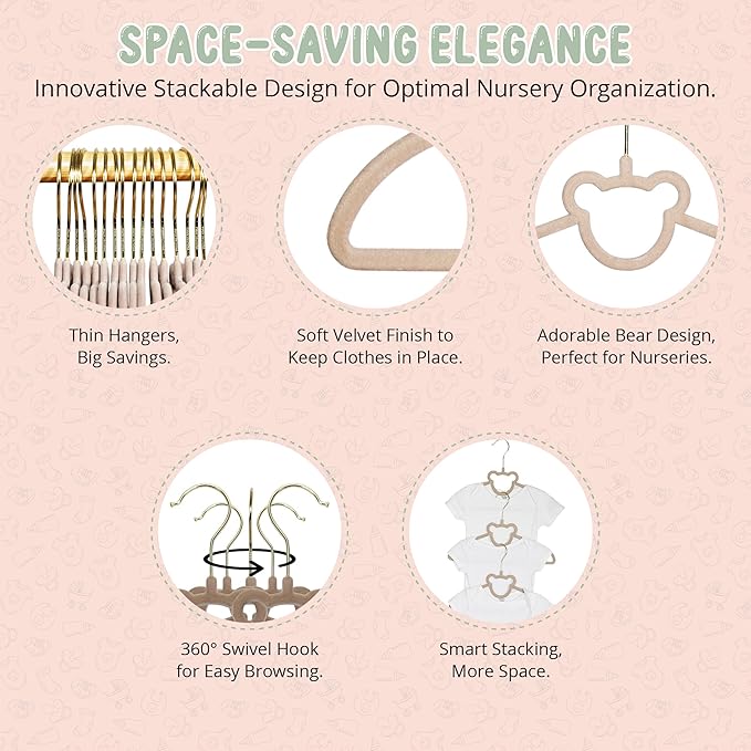 Velvet Baby Hangers with Clips – Organize Baby Clothes by Age with Size Dividers – Save Closet Space for Newborn to Toddler Outfits – Perfect Nursery Must-Have (Petal)