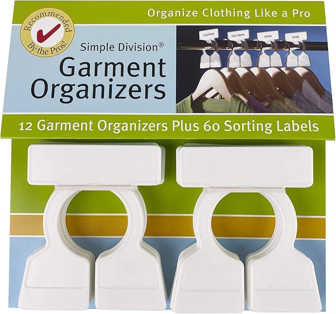 Simple Division Garment Organizers - Sort, Put Away, and Find Clothes Easily - 12 White Closet Organizers - Includes 60 Bilingual Sorting Labels