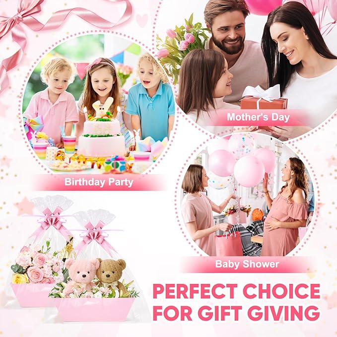 AFOROEOA 10PACK Pink Baskets For Gifts Empty, 10x12” Thick Gift Basket with 10 Bows 10 Bags Empty Gift Baskets for Christmas, Valentine’s Day, Easter, Birthdays, Valentine’s Day Wrapping Gift