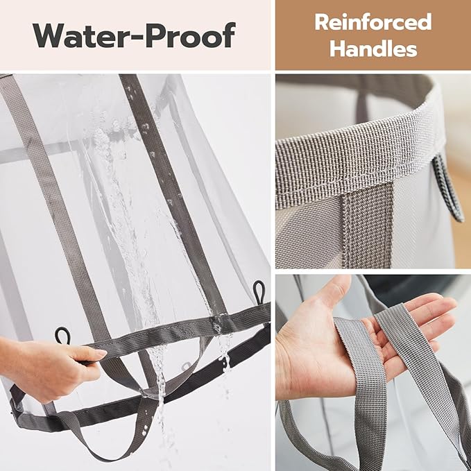Mesh Laundry bag with Handles, 42L Collapsible Laundry Basket with 2 Hooks, Wall-Mounted Foldable Laundry Hamper Hanging for Bathroom, Dorm or Travel (Grey, 2 Pack）