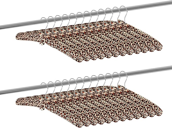 Jetec 24 Pieces Satin Padded Hangers with 360° Swiveling Hook Sponge Shoulder Pads Hanger for Coat, Sweaters, Blouse, Wedding Dress, Women Cloths(Leopard Style)
