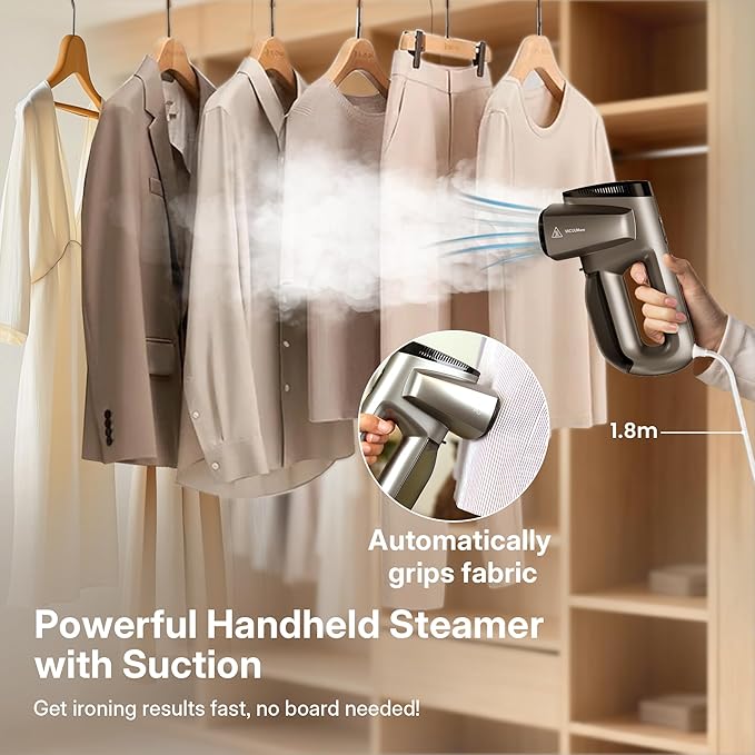 Vacuum Steamer for Clothes, GKJ Handheld Clothes Steamer, 2300Pa Suction Portable Travel Fabric and Garment Steamer, 2-in-1 Steamer & Iron, 118ml Water Tank (for 110-120V)