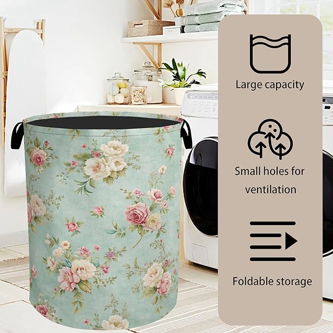 Vintage Rose Laundry Basket - Heavy Duty 60L Dirty Clothes Organizer, Water Resistant Foldable Hamper for Women