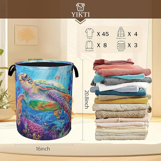 Collapsible Laundry Basket,Sea Turtle Dirty Clothes Hamper,Ocean Fish Coral Hampers for Bedroom Waterproof Oxford Cloth Storage Organizer for Bathroom,Nursery,Dorm,16x20 Inch