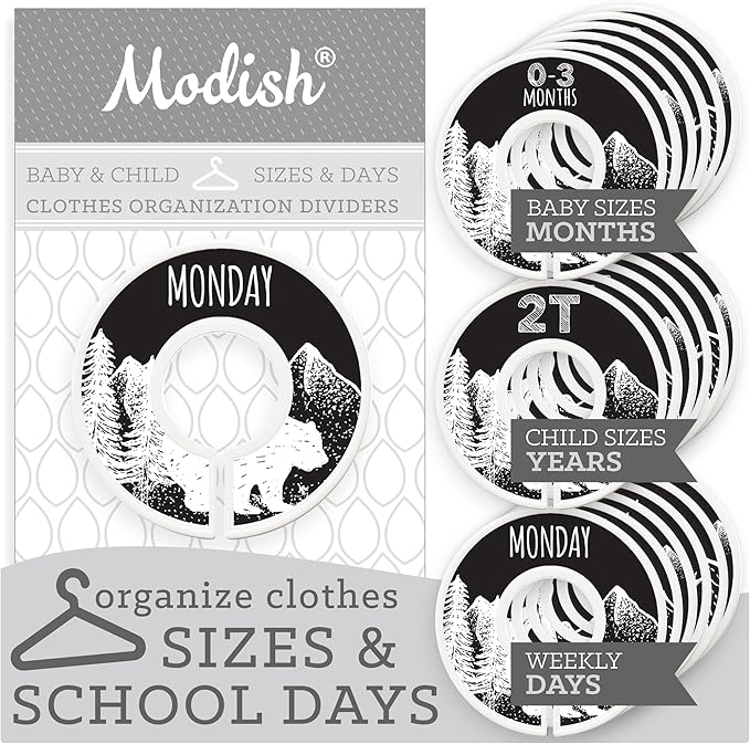 Days of the Week School Clothes Organizer, Modish Labels Weekly Monday through Friday Kids Closet Organization Girl Boy Neutral Black Woodland Animal Outdoor Mountain Forest Safari Explorer Room Décor