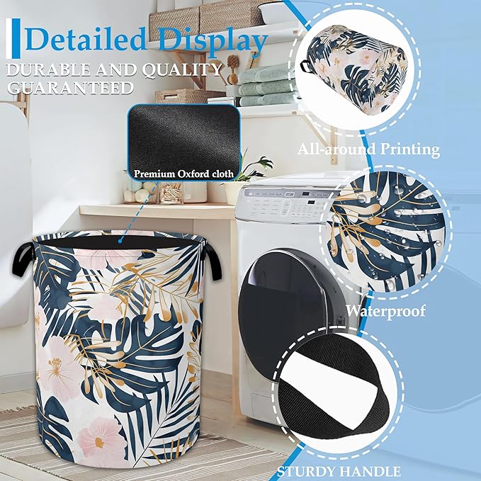 Palm Leaves Flowers Laundry Basket Collapsible Laundry Hamper Clothes Toy Storage Bin for Bathroom Bedroom Room Decor 16" X 20.8"
