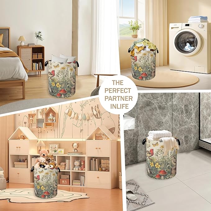 Collapsible Laundry Basket,Vintage Flower Bird Dirty Clothes Hamper,Rustic Butterfly Mushroom Hampers for Bedroom Waterproof Oxford Cloth Storage Organizer for Bathroom,Nursery,Dorm,16x20 Inch