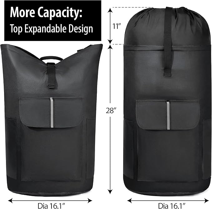 BeeGreen Black-Laundry-Bag-Backpack-Extra-Large-Heavy-Duty, 125L Portable Travel Laundry Backpack with Shoulder Straps & Extendable Clothes Hamper 3 Pockets for Dorm Apartment