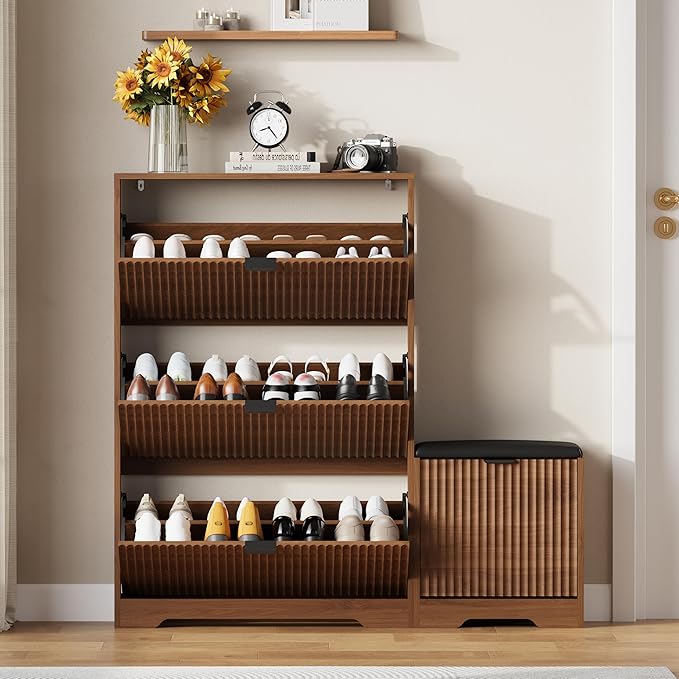 Shoe Cabinet Storage for Entryway with 4 Flip Drawers, Walnut Fluted Shoe Cabinet with Bench, Wooden Hidden Shoe Rack Freestanding Narrow Slim Shoes Storage Organizer for Hallway, Entrance