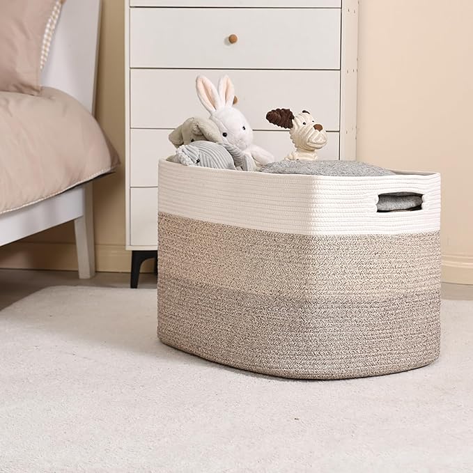 Extra Large Blanket Basket Living Room, Rectangle Storage Basket, Large Woven Baskets for Storage, Cotton Rope Basket for Toys, Clothes, Gradient Brown - 25”x16”x16” (105L)