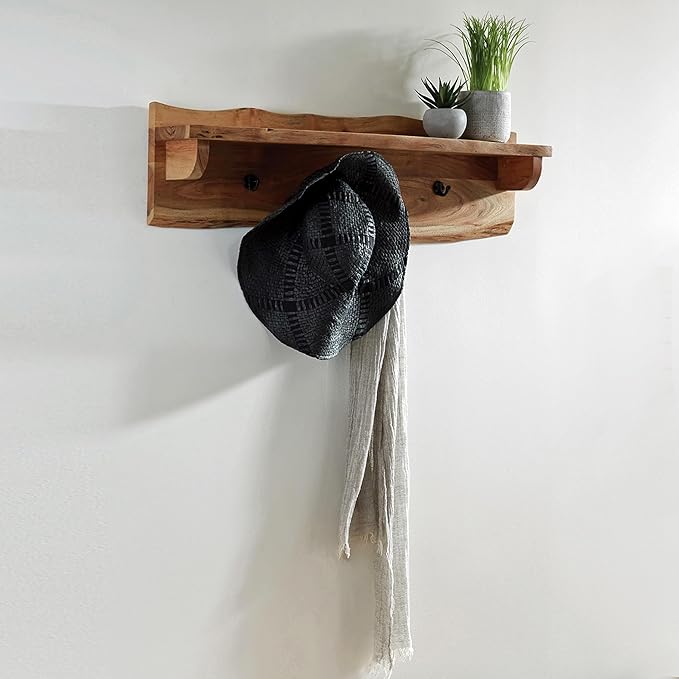 Alaterre Furniture Alpine Natural Live Edge Wood Coat Rack – 36" Solid Wood Wall-Mounted Coat Hook with Top Shelf & 4 Hooks – Modern Farmhouse Storage Organization for Entryway, Hallway, or Mudroom