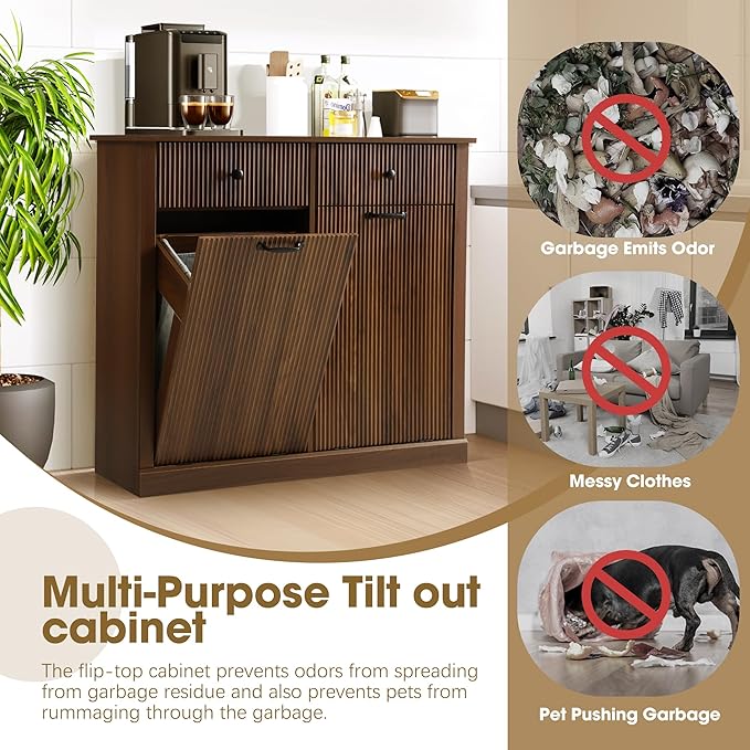 Grepatio Double Laundry Hamper, Fluted Tilt Out Laundry Hamper Cabinet, 22 Gallon Hidden Trash Can, Wooden Garbage Can Cabinet with 2 Drawer, Free Standing for Bathroom, Kitchen (Brown, Double)