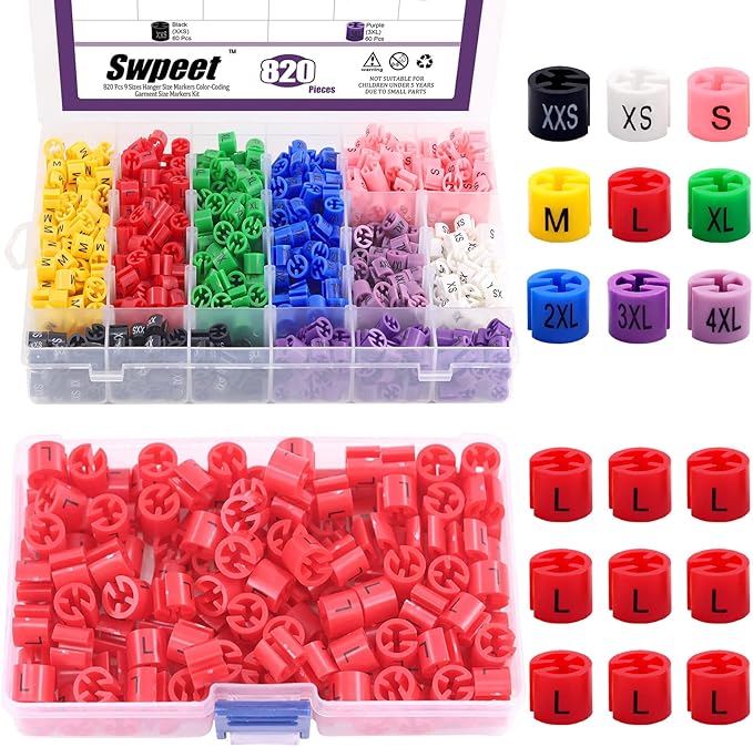 Swpeet 820Pcs 9 Common Sizes Plastic Hanger Size Markers Assortment Kit and 150Pcs Red【 Sizes L 】 Plastic Clothes Hanger Size Markers Color