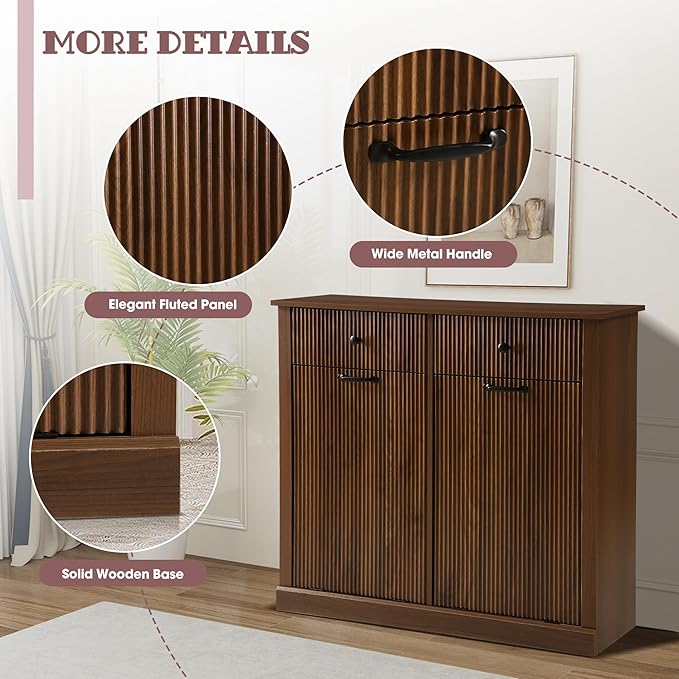 Modern Double Tilt Out Laundry Hamper Cabinet, Fluted Hidden 22 Gallon Garbage Cabinet with Laundry Storage Baskets, Wooden Trash Can Cabinets with Drawers (Brown, 13"D x 39"W x 36"H (Full))