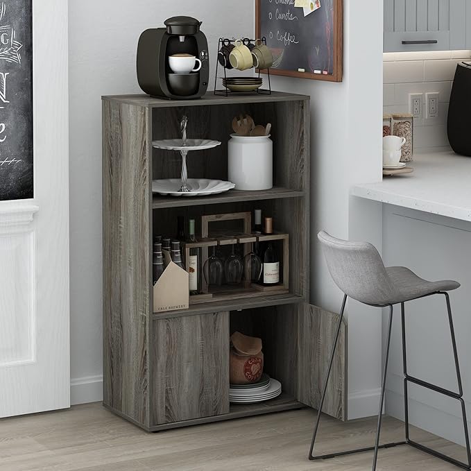 Furinno Jaya Pantry Organizers, 3-Tier Kitchen Cabinet, Coffee Bar, Kitchen Storage with Open Shelves and Closed Cabinet, for Pantry Organizers and Storage, Grey Oak