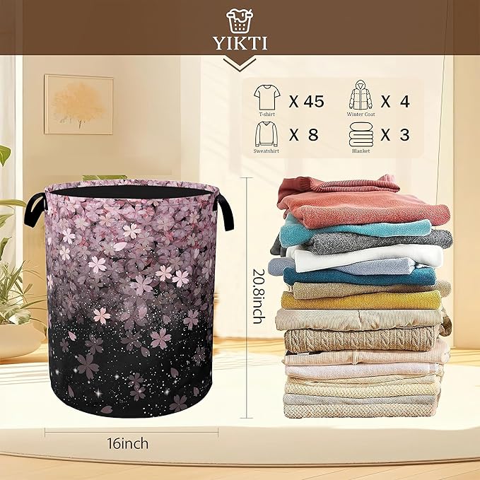Pink Cherry Blossom Laundry Hamper,Spring Flowers Collapsible Laundry Baskets,Waterproof Oxford Cloth Laundry Room Organization for Bedroom,Bathroom,Nursery,16x20 Inch