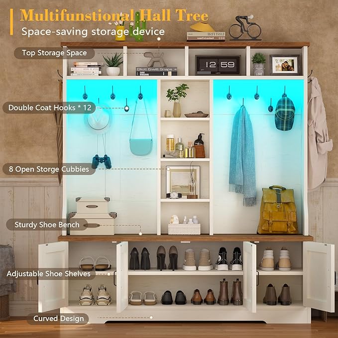 Hall Tree with Bench and Shoe Storage, Farmhouse Entryway Bench with Coat Racks and Led Lights, Large Hall Tree with 12 Coat Hooks, 8 Storage Cubbies, Adjustable Shelf