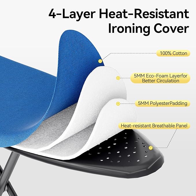 APEXCHASER Ironing Board Full Size, Iron Board with Silicon Rest, Foldable Ironing Boards Standard Size, Heavy Duty Iron Stand Boads, Ironing Table with 7 Height Adjustable Anti-Slip Feet, 13x43 Blue