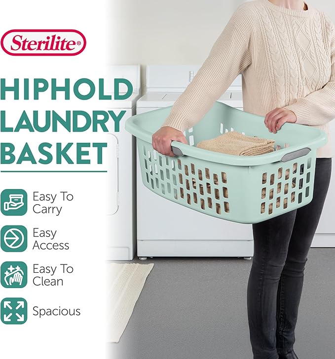 Sterilite 24 Pack HipHold Laundry Basket, Plastic Rectangle Clothes Hamper with Comfort Grip Handles & Reinforced Rim, 1.5 Bushel Capacity, Mint