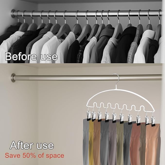 Legging Organizer for Closet,Metal Wave Design Pants Hanger with 10 Clips 7 Hooks, Closet Storage for Pants, Skirts, Hats (White, 2Pack)