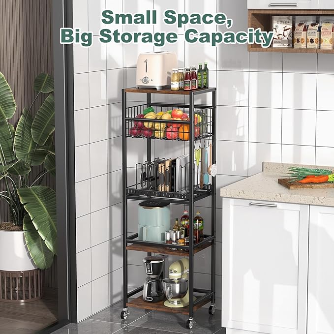 Housolution 5 Tier Kitchen Rolling Cart, Storage Cart with Metal Fruit Vegetable Basket and Pull-Out Pot Lid Cutting Board Organizer, Storage Rack with Wooden Top for Kitchen, Pantry, Bathroom