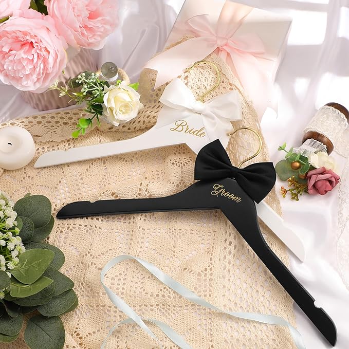 2 Pcs Bride Hanger and Groom Wedding Wooden Hanger with Letter and Bow Tie for Tuxedo Suit Bridesmaid Bridal Wedding Gift Bridal Party Shower (Classic)