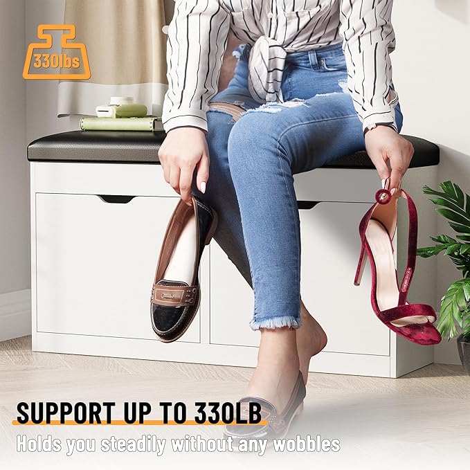 40" Shoe Storage Bench with 2 Flip Drawers & Padded Seat Cushion, Shoe Cabinet with Lift Top Storage Box, Shoe Bench Shoe Organizer for Entryway, Hallway, Living Room, White