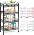 TOOLF 4-Tier Rolling Cart, Metal Utility Cart with 3 Hooks, Easy Assemble Mobile Storage Trolley On Wheels, Metal Shelving Units Kitchen Bathroom Laundry Room