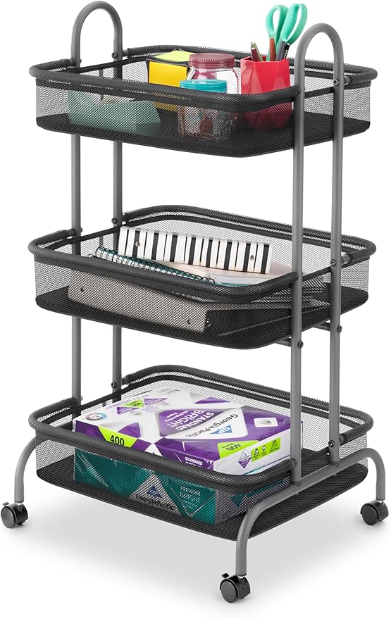 Whitmor Storage Cart Metal 3 Tier Rolling Cart with Wheels, Utility Cart for Bathroom, Bedroom, Bitchen, Laundry Room, Black