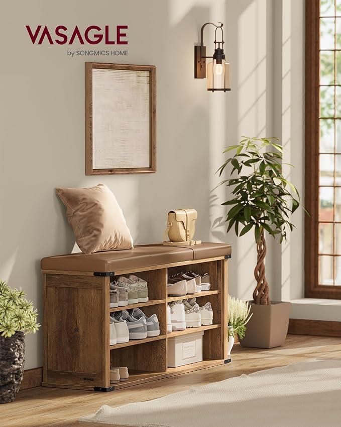 VASAGLE Shoe Storage Bench with Removable Cushion, Shoe Rack with Padded Seat, Entryway Bench with 6 Open Compartmens, Adjustable Shelves, for Hallway, Bedroom, Honey Brown ULSB105K01