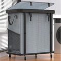 190L (50 Gal) Large Fashion Laundry Basket with Wheels, Leather Patchwork Rolling Hamper Carts, Sturdy Metal Frame, Removable Washable Bag, Tall Clothes Sorter for Bedroom - 2 Setion Gray